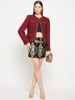 Madame Round Neck Embellished Maroon Tweed Coat