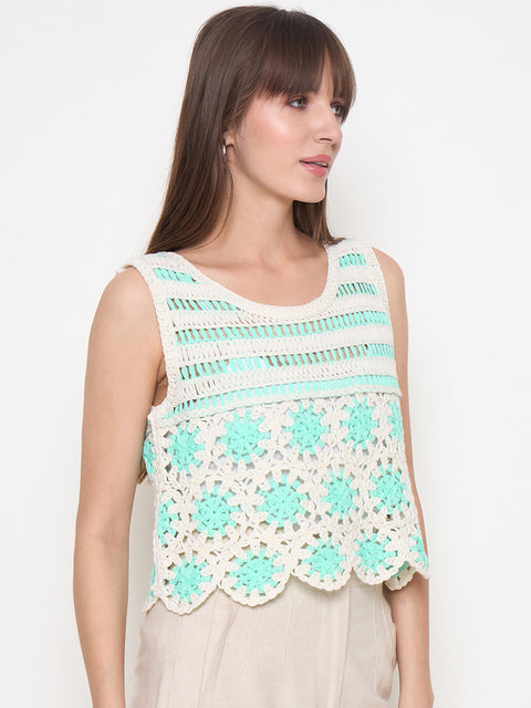 Madame Crochet Sleeveless Solid Green Cotton Top