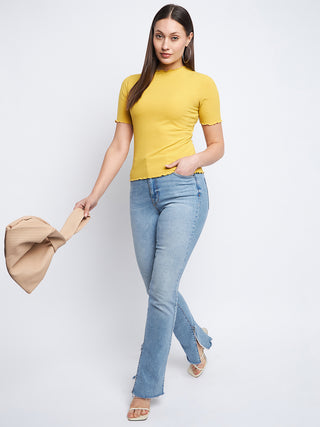 Madame Solid Mustard Yellow Lettuce Hem Top