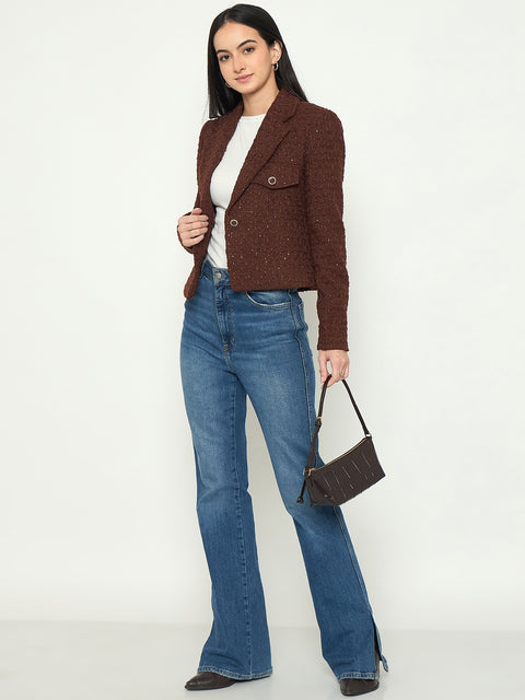 Madame Front Flap Pockets Textured Brown Blazer