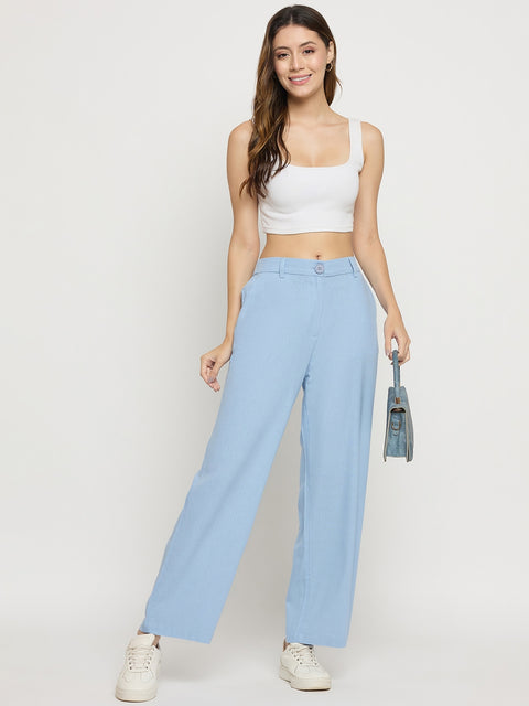 Madame Blue Rayon Linen Straight Fit Ankle Trousers