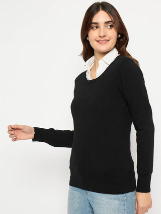 Madame Round Neck Ribbed Cuff Black Sweater