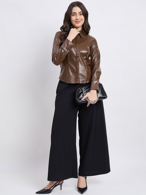 Madame Solid Brown PU Blend Shacket