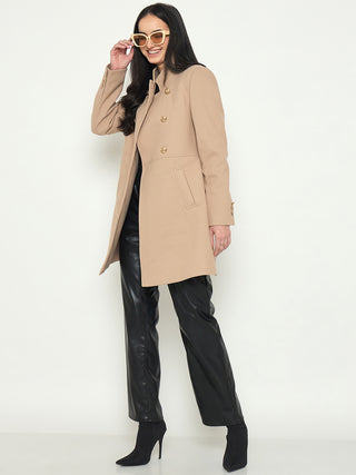 Madame Beige Long Coat with Stand COllar and Buttons