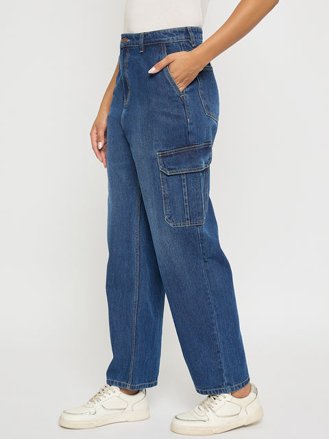 Madame Wide Leg Dark Blue Cotton Denim Cargo