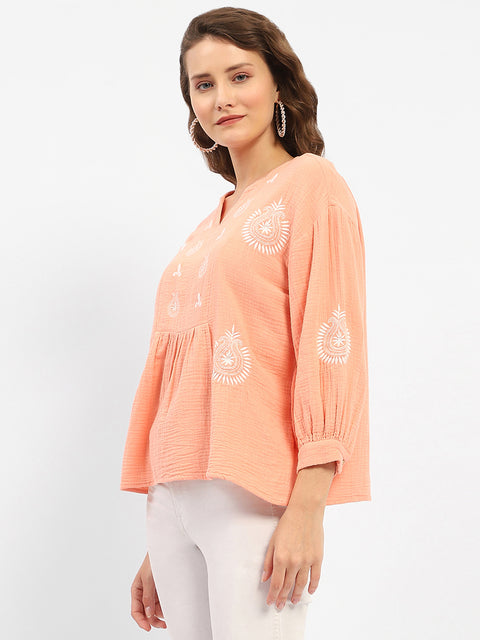 Madame Balloon Sleeve Peach Chikankari Work Top