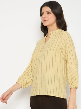 Madame Striped Split Crew Mustard Yellow Top