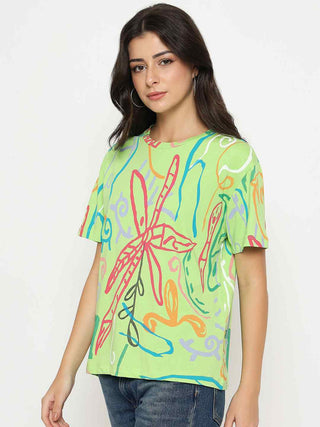 Madame All Over Print Half Sleeve Parrot Green Cotton T-shirt