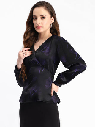 Madame Self Design Wrap Style Front Bishop Sleeve Black Top