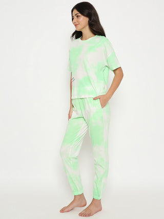 mSECRET Tie and Dye Top and Bottom Printed Green Night Suit