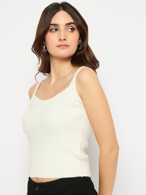 Madame Sleeveless Solid White Ribbed Knit Sweater