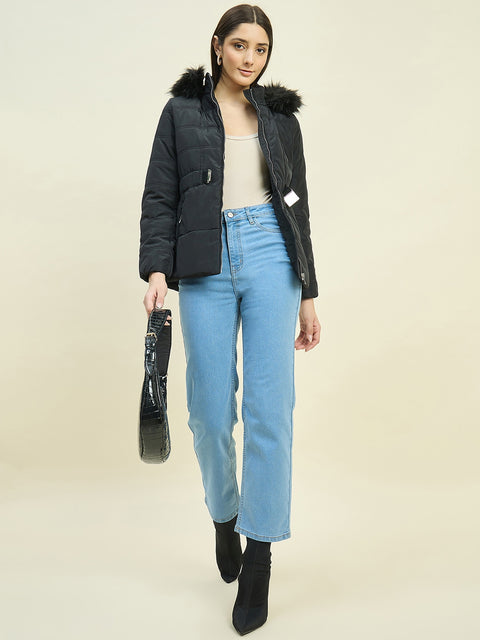 Madame Black Quilted Jacket with Faux Fur Hood