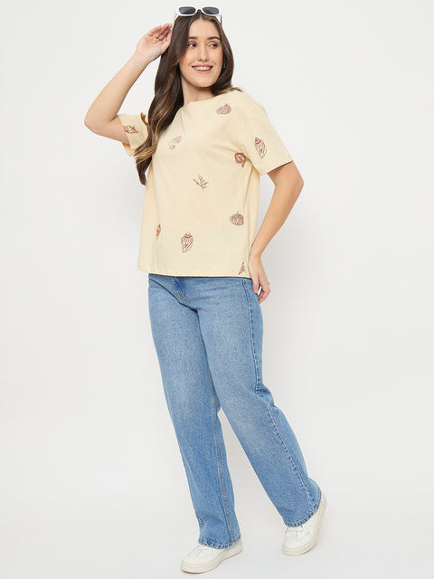 Madame Beige Printed Cotton Round Neck T-Shirt