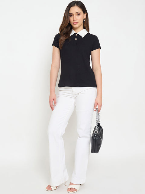 Madame Black Contrast Collar Polo T-shirt