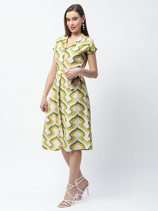 Madame Printed and Belted Green Midi Shirt Dress