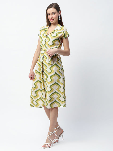 Madame Printed and Belted Green Midi Shirt Dress