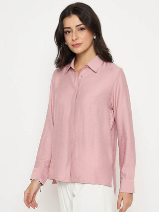 Madame Textured Solid Pink Rayon Blend Shirt