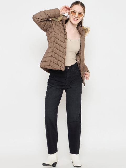 Madame Brown Colour Quilted Fur Hood Jacket
