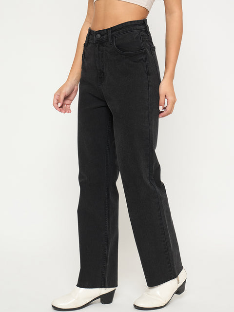 Madame Ripped Hem Wide Leg Charcoal Black Jeans
