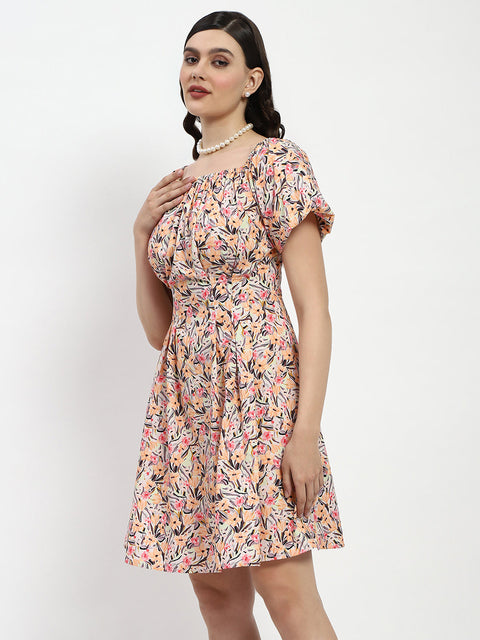 Madame Cotton Floral Print Off Shoulder Orange Mini Dress