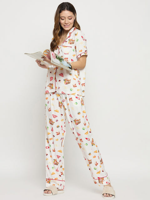 mSECRET Off White Printed Rayon Spread Collar Short Sleeve Night Suit