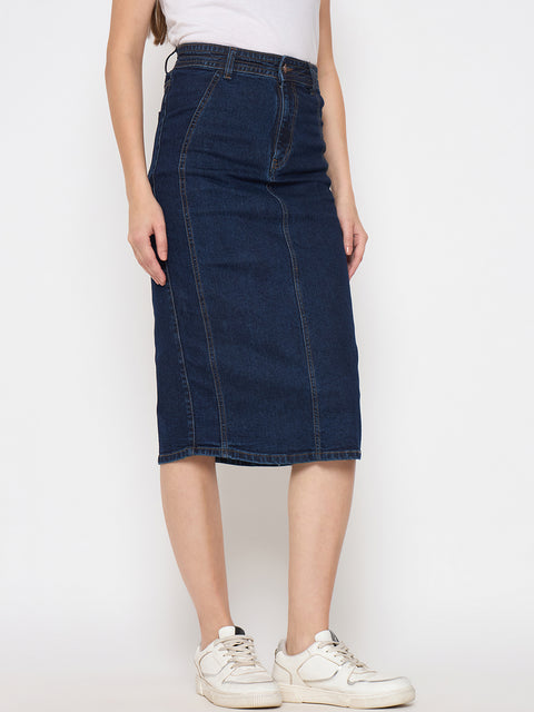 Madame Seam Detailed Dark Blue Denim Midi Skirt