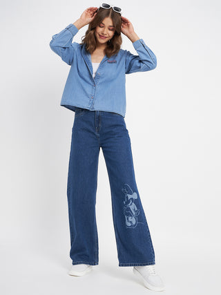 Madame Typography Print Collared Cotton Blue Shirt