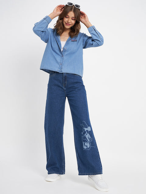 Madame Typography Print Collared Cotton Blue Shirt