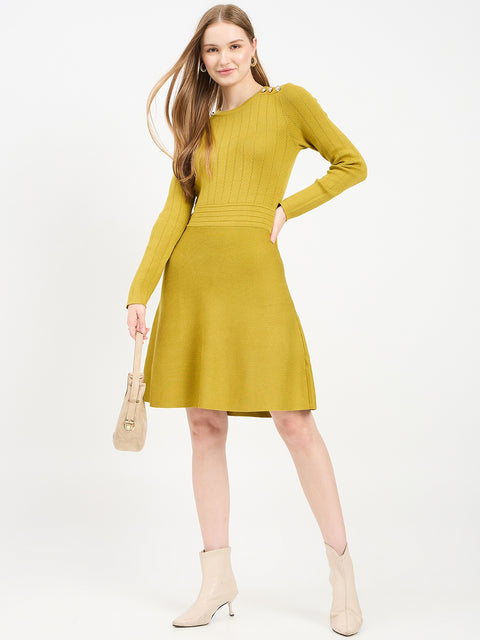 Madame Embellished Fit and Flare Green Knit Dress