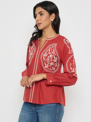Madame Floral Embroidery Red Viscose Blend Top