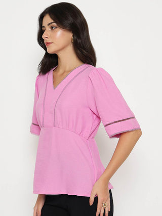 Madame V Neck Pink Peplum Top