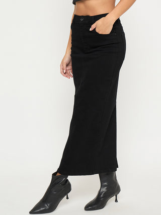 Madame Solid Jet Black Cotton Blend Maxi Denim Skirt