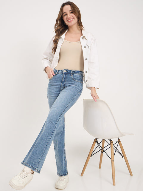 Madame Light Blue Cotton Flared Double Wash Jeans