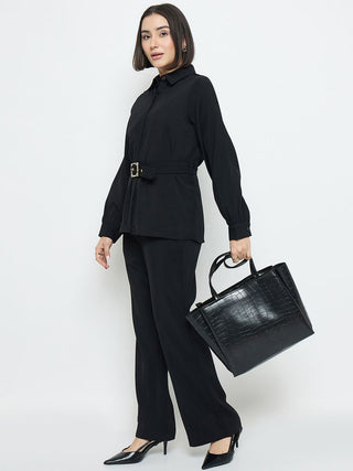 Madame Solid Belted Black Shirt