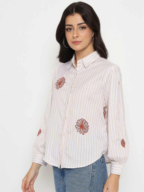 Madame Floral Embroidery Beige Striped Shirt
