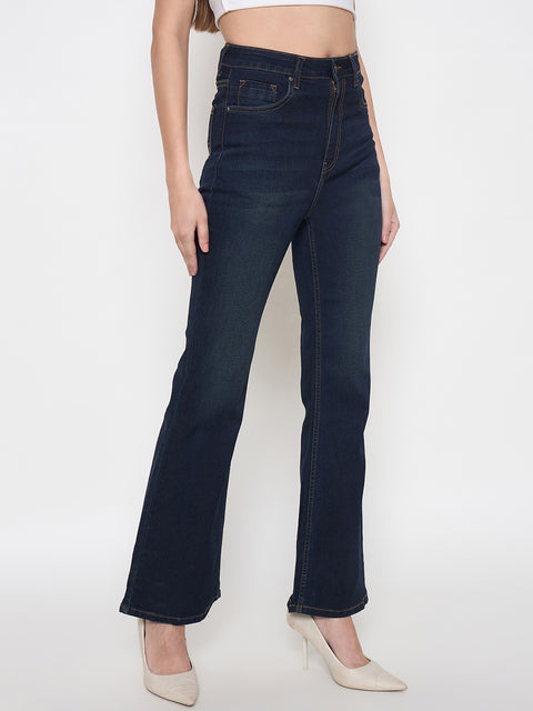 Madame Cotton Blend Stone Wash Mid Night Blue Flared Jeans