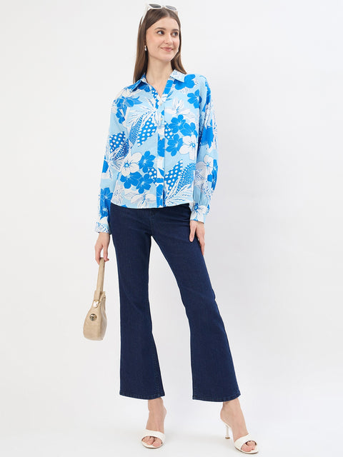 Madame Printed Blue Viscose Blend Shirt