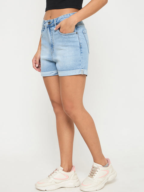 Madame Rolled Hem Light Blue Cotton Blend Denim Shorts