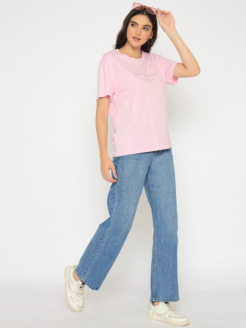 Madame Typography Print Pink Cotton T-shirt