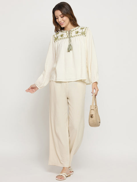 Madame Off White Viscose Embroidered Round Neck Puff Sleeve Tunic Top