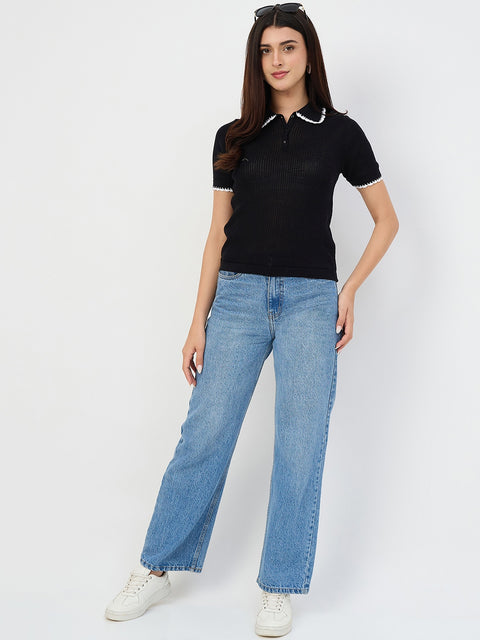 Madame Black Contrast Trim Cotton Polo T-Shirt