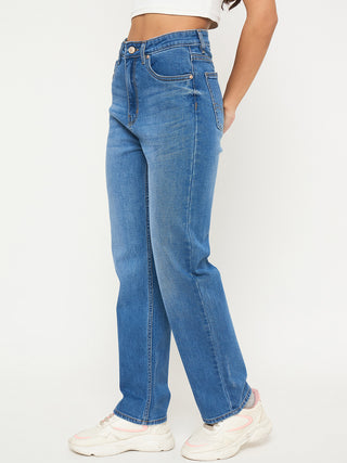 Madame Acid Wash Mid Blue Straight Cotton Blend Jeans