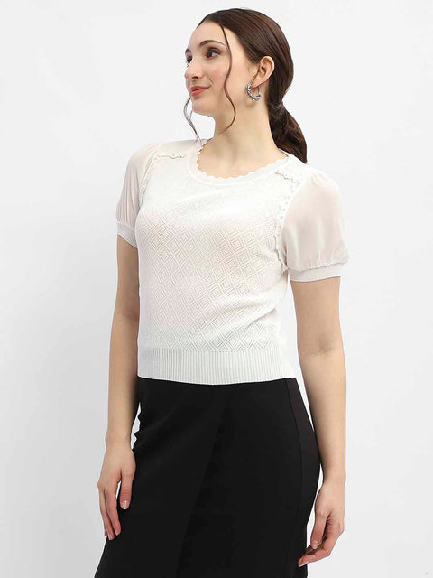Madame Embellished Off-White Puff Sleeve Top