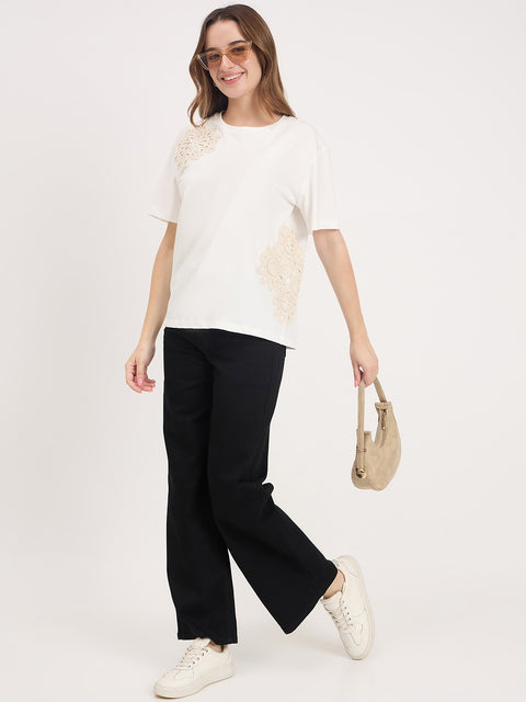 Madame Off White Embroidered Cotton Round Neck T-Shirt