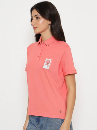 Madame Graphic Print Adorned Cotton Blend Coral Polo T-shirt