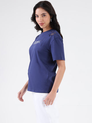 Madame Printed Embroidery Cutwork Navy Blue Crop T-shirt