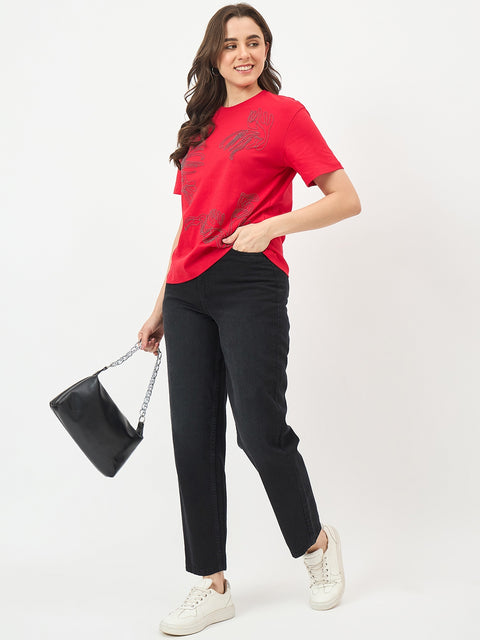 Madame Red Cotton Half-Sleeve T-Shirt