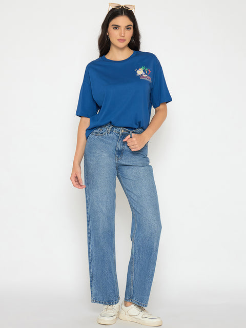 Madame Graphic Adorned Royal Blue Cotton T-Shirt