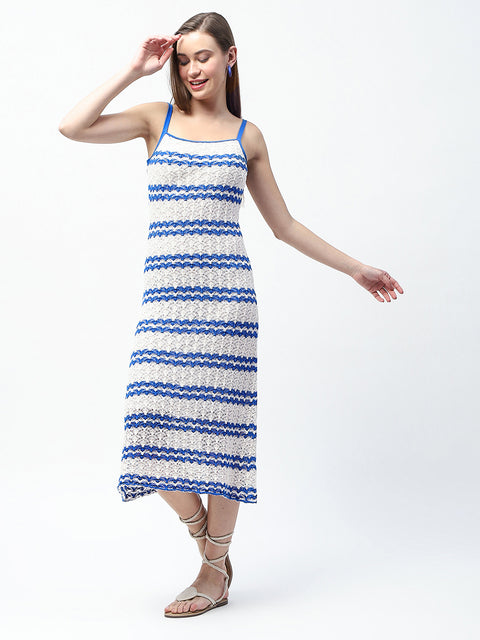 Madame Striped Blue Cotton Midi Knitted Dress