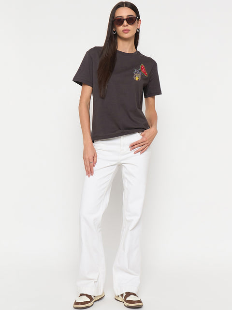 Madame Charcoal Cotton Half-Sleeve T-Shirt